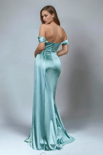Grøn havfrue Off The Shoulder Satin Gallakjole med Slids